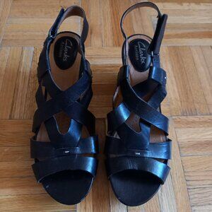 Clarks black leather wedges sandals, size 7.5
